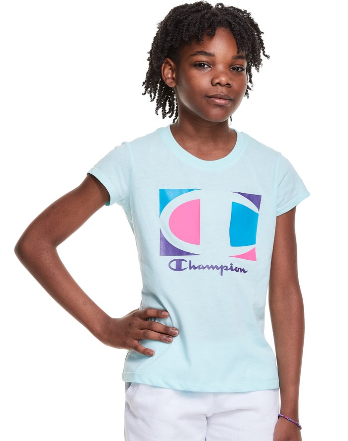 Tricou Champion Classic Graphic Colorblock Logo Fete Albastri Deschis - Romania WZAYKHG-59